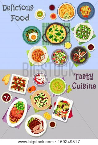 Healthy food icon set with vegetable and fruit salads with egg, duck and crab, baked meat and fruit with cheese, rice dishes with fish, lamb, veggies, cucumber soup, fried egg with chilli, veggies pie