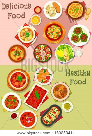 Meat dishes icon set of meat salad with vegetable, fruit and cheese, beef stew, meat soups and stews with vegetables, meatball and bean, baked pork and chicken meatloaf, battered fish, meatball