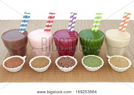 Health food drinks with powders of chocolate maca, pomegranate fruit, acai berry, wheatgrass and maca root. Also used by body builders.