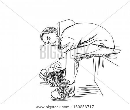 Girl puting on skates, Hand drawn illustration, Vector sketch