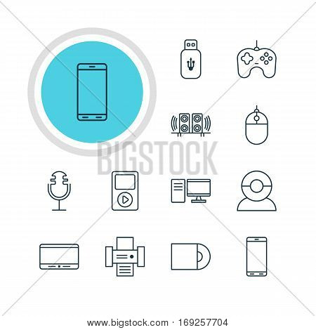Vector Illustration Of 12 Device Icons. Editable Pack Of Usb Card, Media Controller, PC And Other Elements.