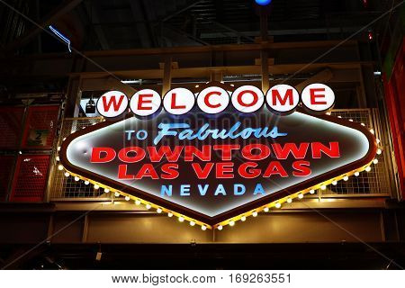 LAS VEGAS, USA - Oct 08: Welcome to Fabulous Downtown Las Vegas sign at Fremont Street on October 08, 2016 in Las Vegas, USA.It is an internationally renowned resort city known primarily for gambling