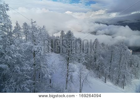 North slope Aibga Ridge of Western Caucasus at ski resort Gorky Gorod