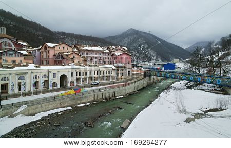 Sochi, Russia - January 24, 2017: Gorky Gorod - all-season resort town and gaming zone 540 meters above sea level in the village of Krasnaya Polyana
