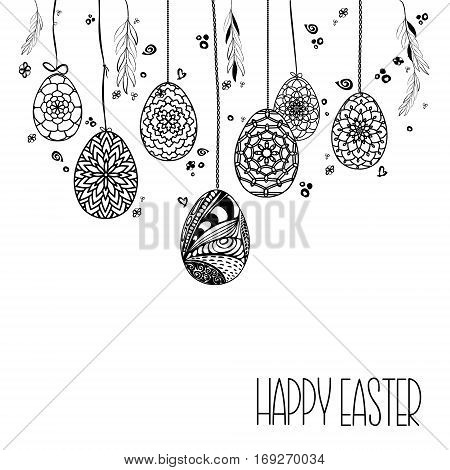 Decorative Card With Hanging Easter Hand Drawn Ornamental Eggs And Floral Elements Black On White Ba