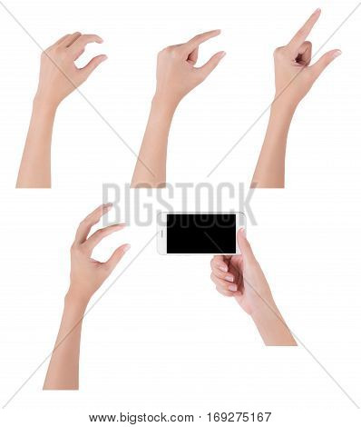 Woman hands holding smart phone with blank screen display and collection of different touch and pinch fingers for zooming something digital and communication concept Isolated on white background.