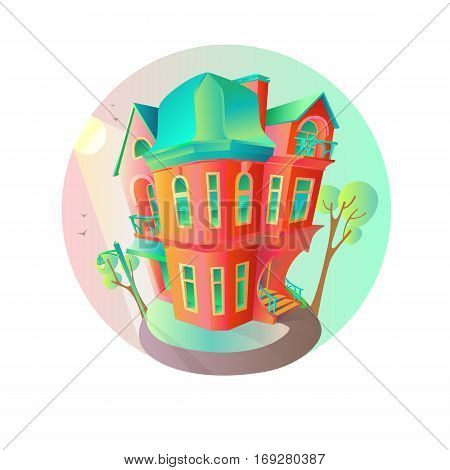 Bright vector house in the springtime. Cottage in a Victorian style. A home with a balcony a porch and a shop with a showcase and a canopy. Round emblem