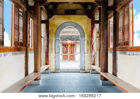 Interior of a classical wooden building Hongcun Anhui China.