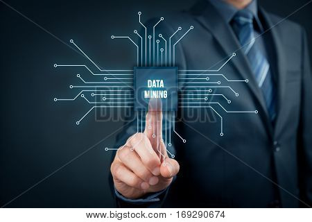 Data mining (data-minig) concept. Abstract symbol of a chip with text data mining connected with data represented by points.