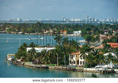 Miami cityscape during day. Panorama of maimi Florida. Coastline miami city