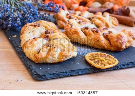 marple and pecan plait pastry sweet food breakfast with lavender flowers