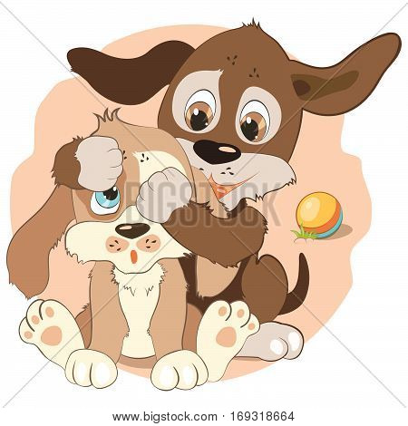 Vector illustration of cartoon cute little puppies playing on the meadow, lies next to the ball.