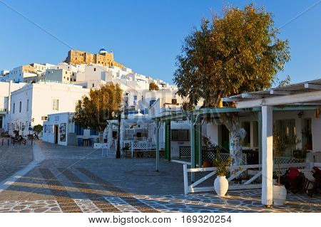ASTYPALEA, GREECE - FEBRUARY 2, 2017: Restaurants in the main square of Chora on Astypalea island on February 2, 2017.
