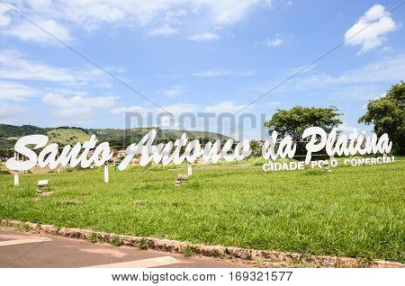 Santo Antonio da Platina Brazil - January 4 2016: Welcome sign written in large letters at the entrance of the city. City commercial pole.
