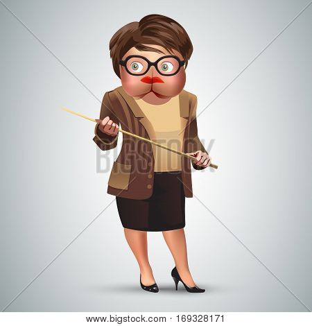 Vector illustration of cartoon old ass headed teacher holding a pointer. Eps 10