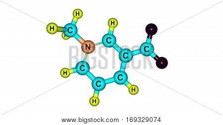 Trigonelline is an alkaloid with chemical formula C7H7NO2. It is a zwitterion formed by the methylation of the nitrogen atom of niacin or vitamin B3. 3d illustration