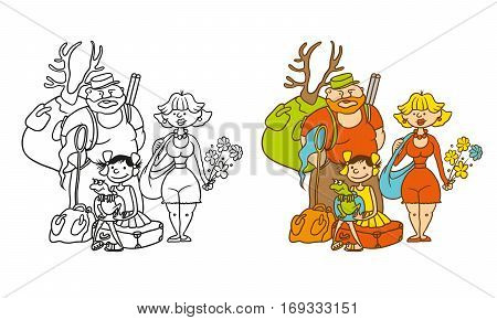 Vector coloring humorous caricature characters. Family from three persons - mother father daughter. Mom with flowers the hunter with a backpack dad girl holding a jar with a frog.