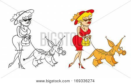Vector coloring humorous caricature character. The rich lady in a hat with a home an exotic pet