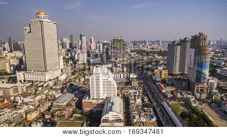 BANGKOK THAILAND - DECEMBER 24 : aerial view of skyscraper and sathorn road most important of office building in heart of capital on december 24 2015 in bangkok thailand