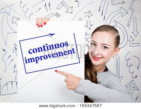 Young woman holding whiteboard with writing word: continuos impruvement. Technology, internet, business and marketing