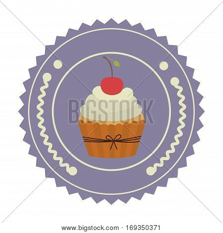 colorful stamp with olive crown and cupcake with cherry in round frame vector illustration