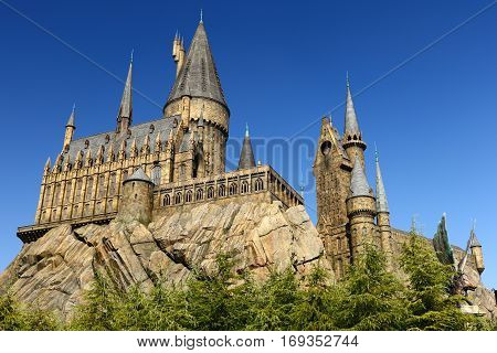Osaka, Japan - Nov 5, 2016: The Wizarding World of Harry Potter in Universal Studios Japan. Universal Studios Japan is a theme park in Osaka, Japan.Hogwarts Castle