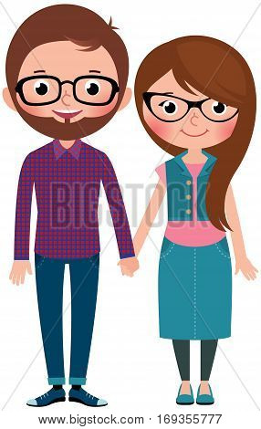 Loving couple man and woman dressed as hipsters Stock Vector cartoon illustration