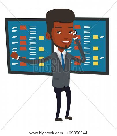 An excited businessman talking on mobile phone on the background of display of stock market quotes. Happy stockbroker at stock exchange. Vector flat design illustration isolated on white background.