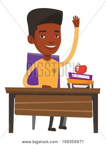 Student raising hand in the classroom for an answer. Sudent sitting at the desk with raised hand. Happy schoolboy raising hand at lesson. Vector flat design illustration isolated on white background.