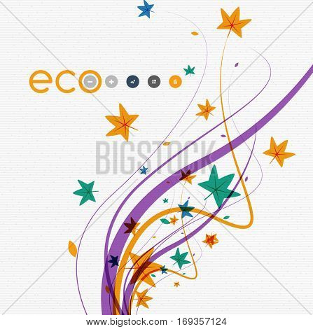 Vector nature floral template - leaves with color wave lines on white cardboard vintage texture, abstract background.