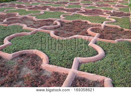 AGRA, INDIA - FEBRUARY 14,2016: Angoori Bagh or Garden of Grapes at Agra Fort. It's symmetrical garden near Dewan-e-Khaas. It was a private garden for Mughal ladies. UNESCO World heritage site in Agra