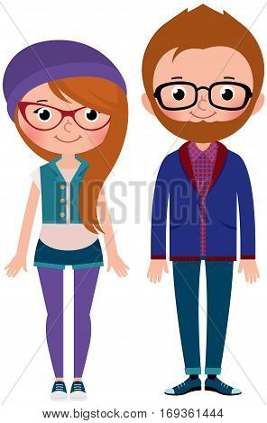 Young couple boy and girl dressed as hipsters Stock Vector cartoon illustration