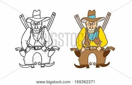 Vector coloring humorous caricature character. Angry Sheriff cowboy with revolvers rifles and a hat