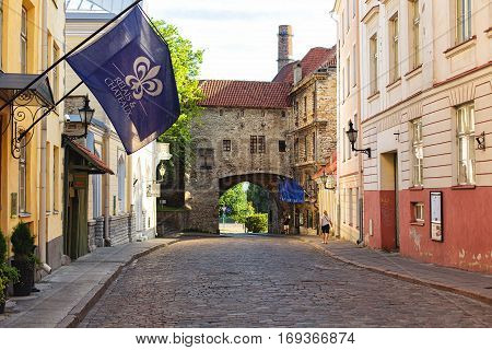 TALLINN ESTONIA - JULE 29 2013: Great Coastal Gate The Estonian Maritime Museum and Fat Margaret Tower in Old Tallinn Estonia.