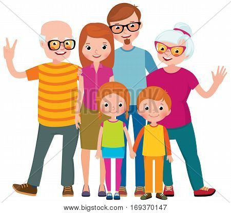 Family portrait of three generations parents children and grandchildren on white background stock vector illustration