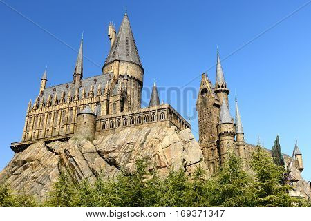 Osaka, Japan - Nov 5, 2016: The Wizarding World of Harry Potter in Universal Studios Japan. Universal Studios Japan is a theme park in Osaka, Japan.Hogwarts Castle