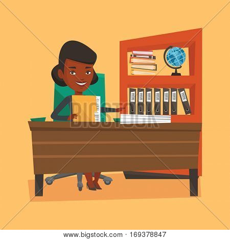 An african-american happy office worker working with documents. Office worker sitting at the table with documents. Office worker inspecting documents. Vector flat design illustration. Square layout.
