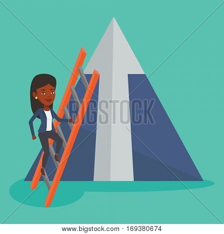 African businesswoman climbing the ladder. Businesswoman climbing on mountain with arrow going up. Businesswoman climbing upward on the top of mountain. Vector flat design illustration. Square layout.