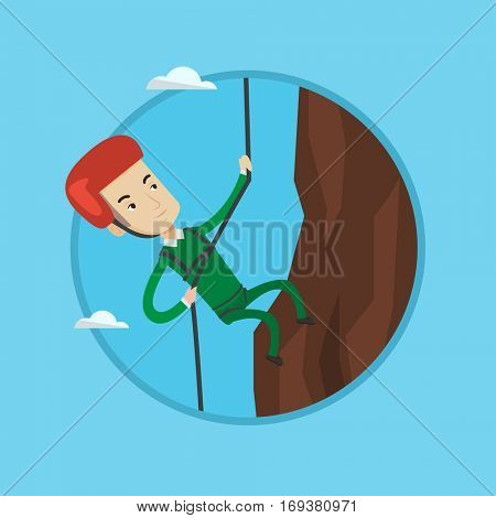 Caucasian climber in action. Rock climber in protective helmet climbing on a rock. Smiling man climbing on mountain with rope. Vector flat design illustration in the circle isolated on background.