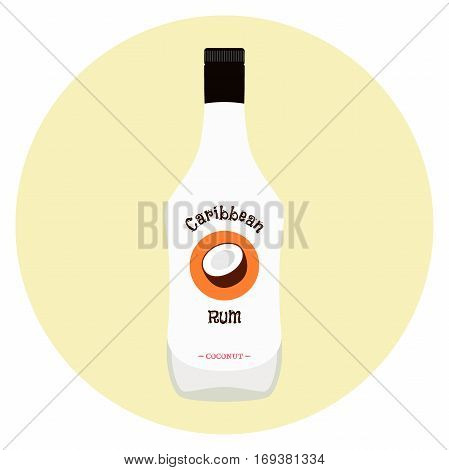 Caribbean rum with coconut flavour in white bottle for alcohol. Alcohol drink in flat vector style.
