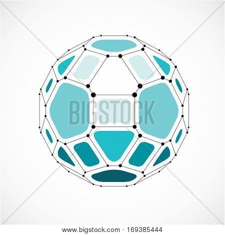 3d vector digital wireframe spherical object made using facets. Geometric polygonal green ball created with lines mesh and pentagons. Low poly shape lattice form for use in web design.