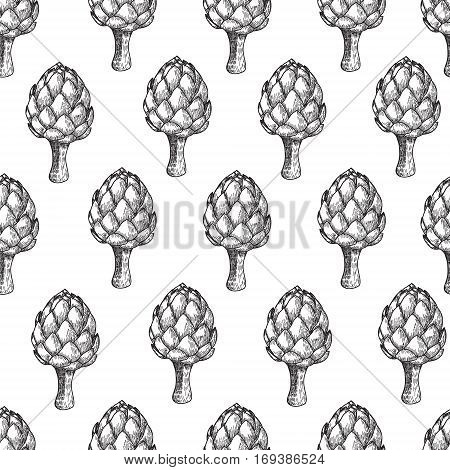 Artichoke Seamless nature seamless vector pattern, hand drawn sketch etch engraving vector illustration. Fresh organic food. Vegetables vintage artichoke pattern.