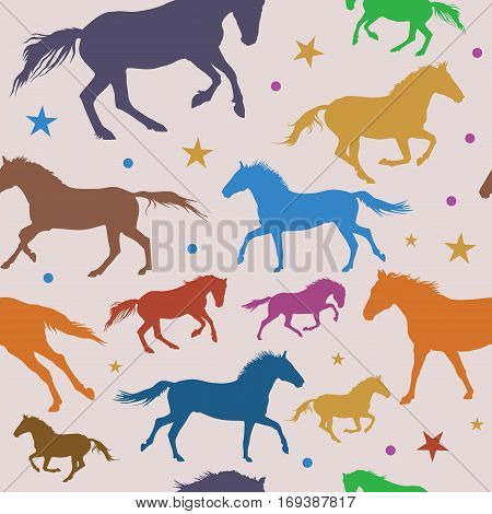 Vector Seamless Pattern with colorful running horses on grey background