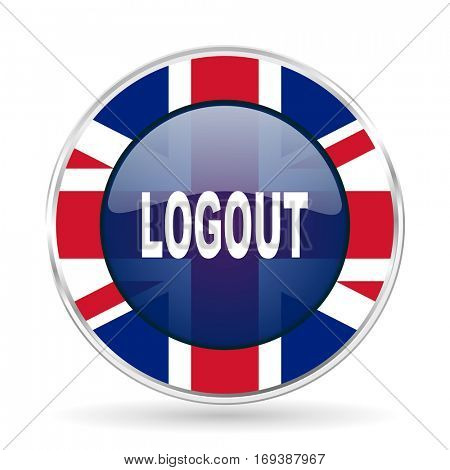 logout british design icon - round silver metallic border button with Great Britain flag