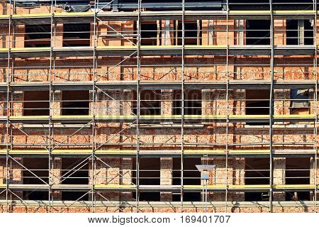 Scaffolding on a large brick building in Chemnitz