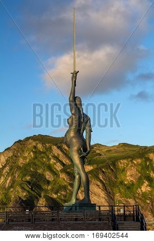 Ilfracombe North Devon England 13 July 2016: Verity - statue in Ilfracombe of the author Damien Hirst