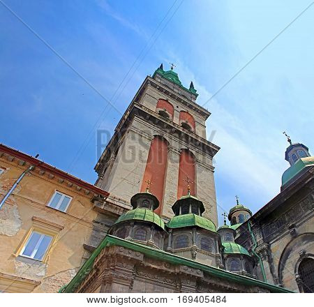 Assumption Orthodox Church with Korniakt Tower in Lviv, Ukraine