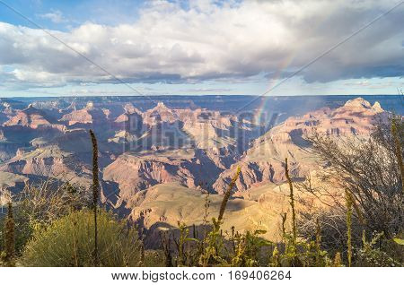 A majestic view on Grand canyon National park (south rim) Arizona USA with rainbow.