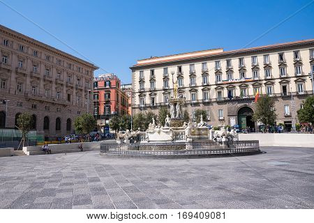 Naples Italy - August 30 2016: Fountain of Neptune located in Municipio square