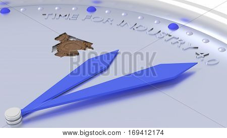 Clock with two blue hands pointing to the words time for industry 4.0 and a destroyed watchface with gears 3D illustration